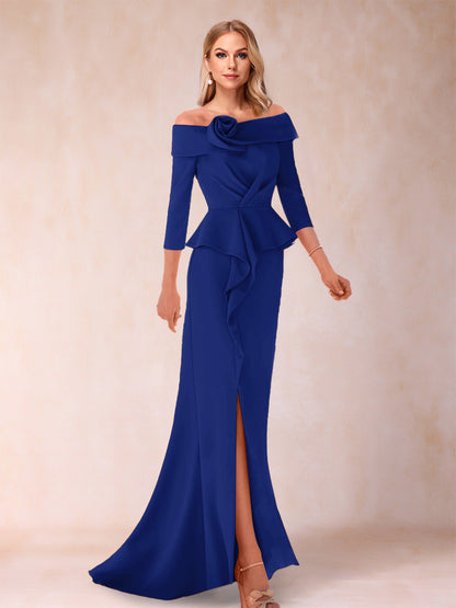 Robe de Mère de la Mariée Fourreau/Colonne à Épaules Dénudées et Longueur Au Sol avec Volants et Côté Fendu