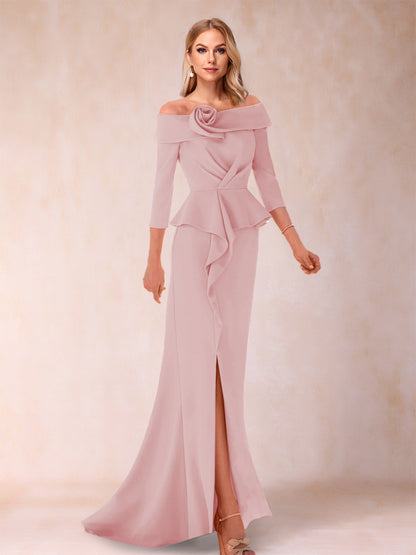 Robe de Mère de la Mariée Fourreau/Colonne à Épaules Dénudées et Longueur Au Sol avec Volants et Côté Fendu