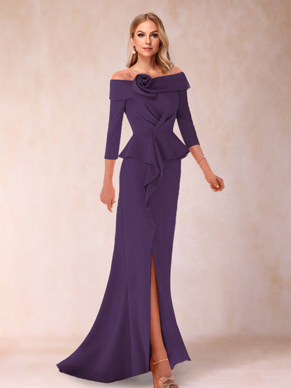 Robe de Mère de la Mariée Fourreau/Colonne à Épaules Dénudées et Longueur Au Sol avec Volants et Côté Fendu