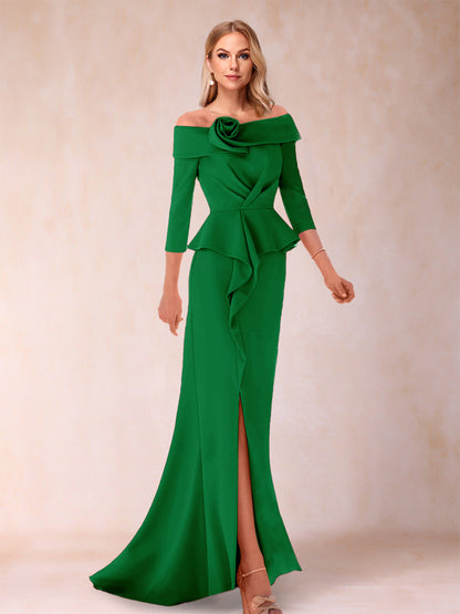 Robe de Mère de la Mariée Fourreau/Colonne à Épaules Dénudées et Longueur Au Sol avec Volants et Côté Fendu