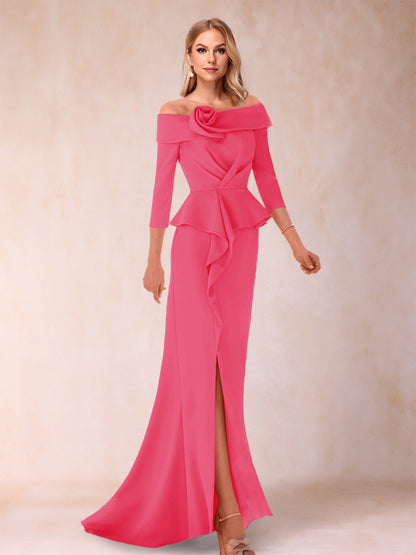 Robe de Mère de la Mariée Fourreau/Colonne à Épaules Dénudées et Longueur Au Sol avec Volants et Côté Fendu