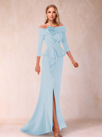 Robe de Mère de la Mariée Fourreau/Colonne à Épaules Dénudées et Longueur Au Sol avec Volants et Côté Fendu