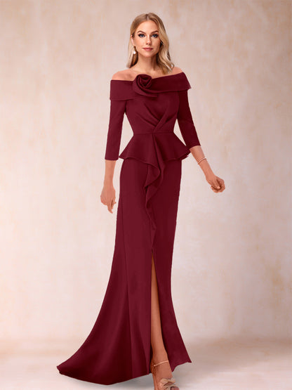 Robe de Mère de la Mariée Fourreau/Colonne à Épaules Dénudées et Longueur Au Sol avec Volants et Côté Fendu