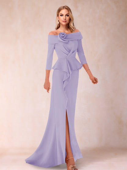 Robe de Mère de la Mariée Fourreau/Colonne à Épaules Dénudées et Longueur Au Sol avec Volants et Côté Fendu