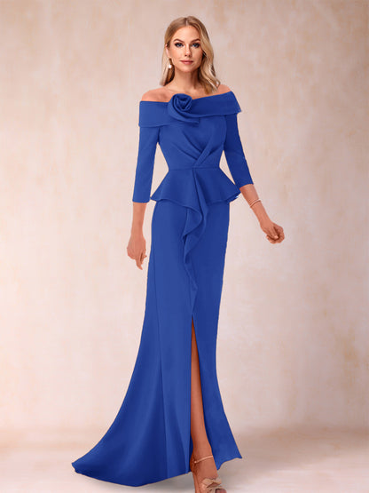 Robe de Mère de la Mariée Fourreau/Colonne à Épaules Dénudées et Longueur Au Sol avec Volants et Côté Fendu