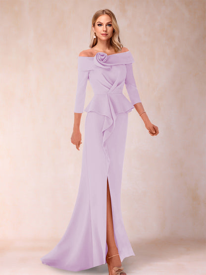 Robe de Mère de la Mariée Fourreau/Colonne à Épaules Dénudées et Longueur Au Sol avec Volants et Côté Fendu