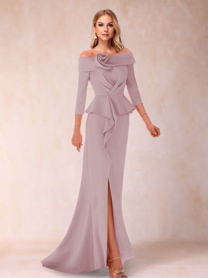 Robe de Mère de la Mariée Fourreau/Colonne à Épaules Dénudées et Longueur Au Sol avec Volants et Côté Fendu