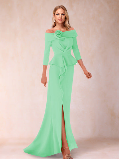 Robe de Mère de la Mariée Fourreau/Colonne à Épaules Dénudées et Longueur Au Sol avec Volants et Côté Fendu