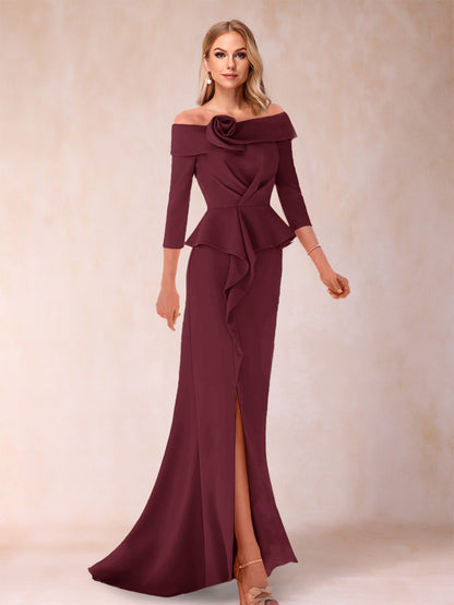 Robe de Mère de la Mariée Fourreau/Colonne à Épaules Dénudées et Longueur Au Sol avec Volants et Côté Fendu