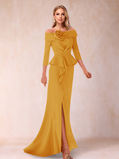 Robe de Mère de la Mariée Fourreau/Colonne à Épaules Dénudées et Longueur Au Sol avec Volants et Côté Fendu