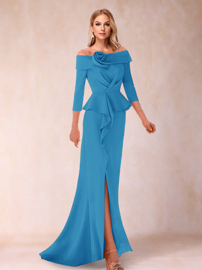 Robe de Mère de la Mariée Fourreau/Colonne à Épaules Dénudées et Longueur Au Sol avec Volants et Côté Fendu