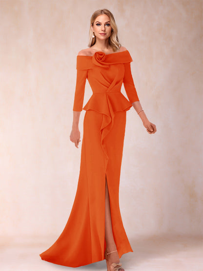 Robe de Mère de la Mariée Fourreau/Colonne à Épaules Dénudées et Longueur Au Sol avec Volants et Côté Fendu