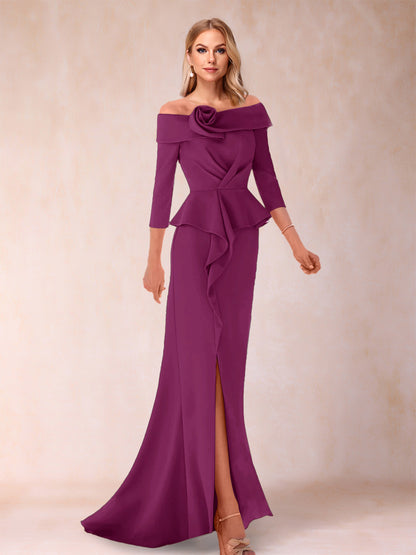 Robe de Mère de la Mariée Fourreau/Colonne à Épaules Dénudées et Longueur Au Sol avec Volants et Côté Fendu