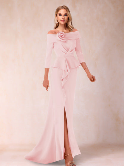 Robe de Mère de la Mariée Fourreau/Colonne à Épaules Dénudées et Longueur Au Sol avec Volants et Côté Fendu