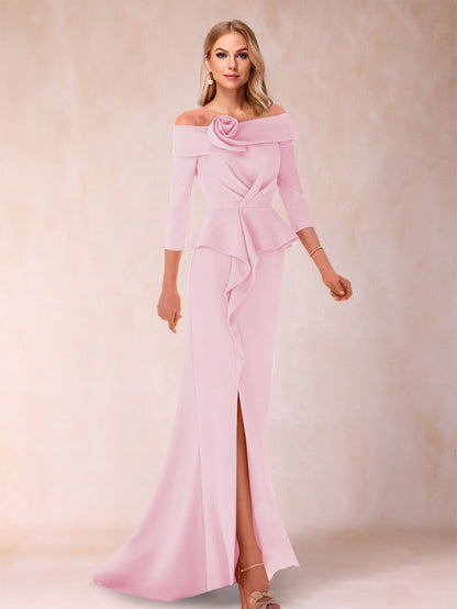 Robe de Mère de la Mariée Fourreau/Colonne à Épaules Dénudées et Longueur Au Sol avec Volants et Côté Fendu