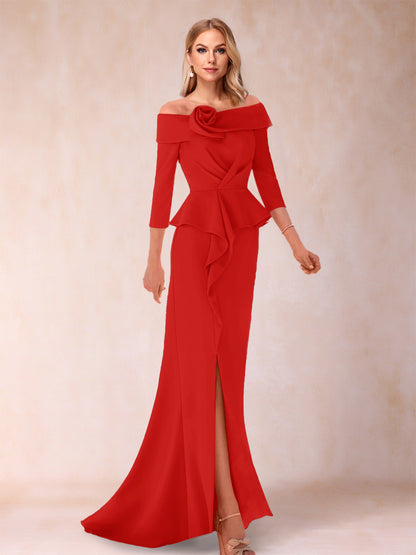 Robe de Mère de la Mariée Fourreau/Colonne à Épaules Dénudées et Longueur Au Sol avec Volants et Côté Fendu