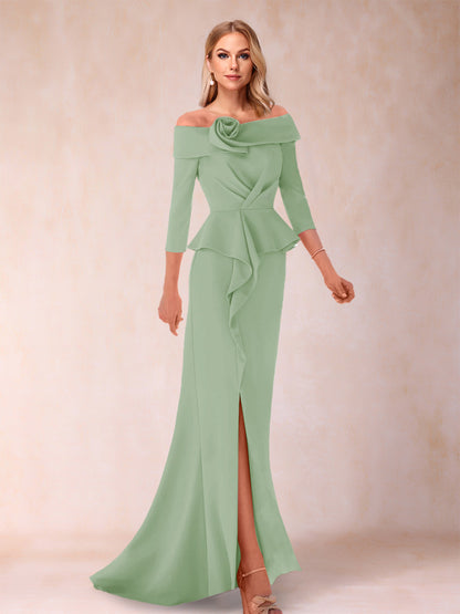 Robe de Mère de la Mariée Fourreau/Colonne à Épaules Dénudées et Longueur Au Sol avec Volants et Côté Fendu