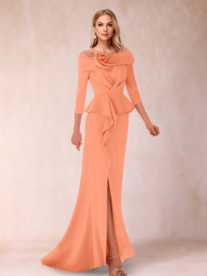 Robe de Mère de la Mariée Fourreau/Colonne à Épaules Dénudées et Longueur Au Sol avec Volants et Côté Fendu