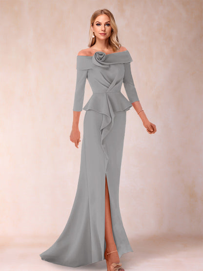 Robe de Mère de la Mariée Fourreau/Colonne à Épaules Dénudées et Longueur Au Sol avec Volants et Côté Fendu