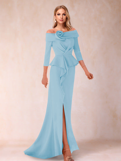 Robe de Mère de la Mariée Fourreau/Colonne à Épaules Dénudées et Longueur Au Sol avec Volants et Côté Fendu