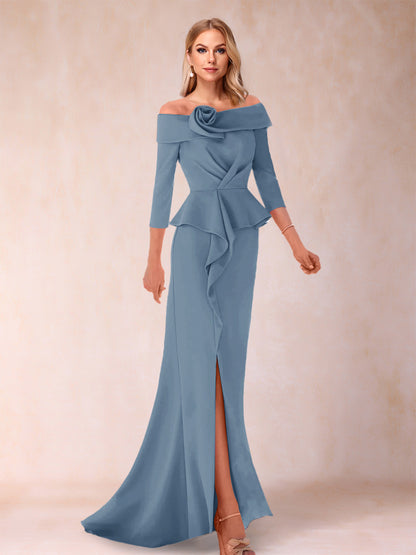 Robe de Mère de la Mariée Fourreau/Colonne à Épaules Dénudées et Longueur Au Sol avec Volants et Côté Fendu