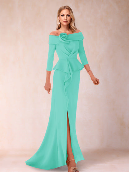 Robe de Mère de la Mariée Fourreau/Colonne à Épaules Dénudées et Longueur Au Sol avec Volants et Côté Fendu