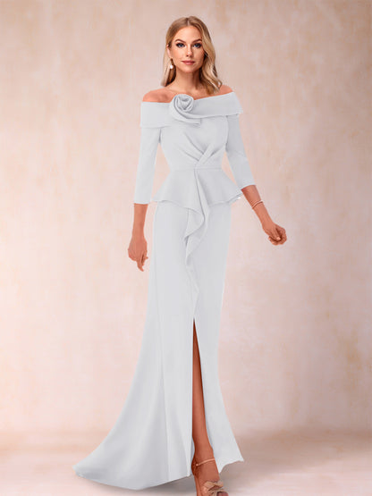 Robe de Mère de la Mariée Fourreau/Colonne à Épaules Dénudées et Longueur Au Sol avec Volants et Côté Fendu