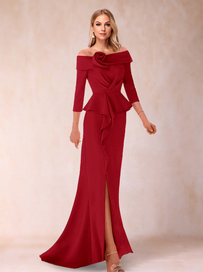 Robe de Mère de la Mariée Fourreau/Colonne à Épaules Dénudées et Longueur Au Sol avec Volants et Côté Fendu