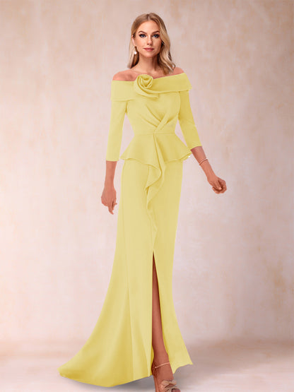Robe de Mère de la Mariée Fourreau/Colonne à Épaules Dénudées et Longueur Au Sol avec Volants et Côté Fendu
