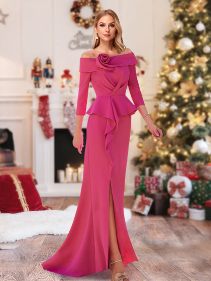 Robe de Noël Fourreau/Colonne, Épaules Dénudées, Longueur au Sol avec Volants et Fente Sur le Côté
