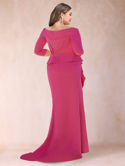Robe de Mère de la Mariée Grande Taille, Fourreau/Colonne, Épaules Dénudées, Longueur au Sol avec Volants et Fente Sur le Côté