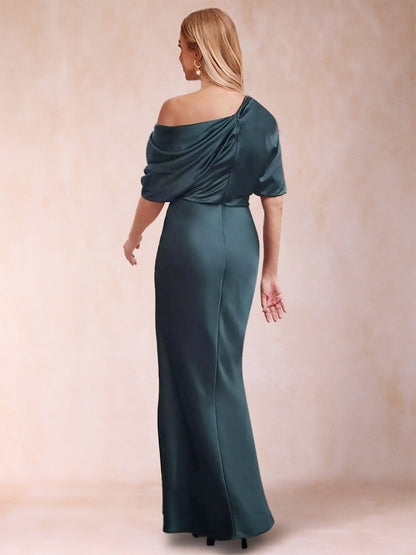 Robe de Mère de la Mariée Fourreau/Colonne à Une Épaule et Demi-Manches Longueur Au Sol avec Volants
