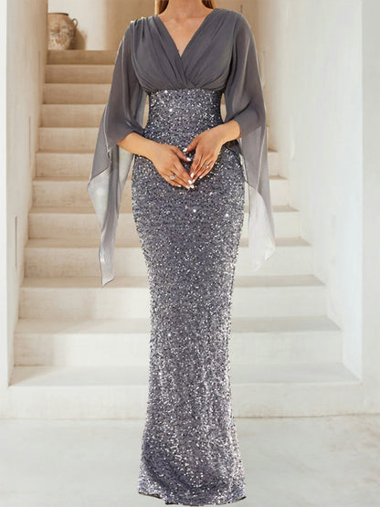 Robe de Mère de la Mariée Fourreau/Colonne à Col En V et Manches Mi-Longues avec Paillettes