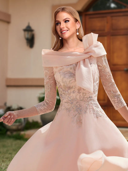 Robe de Mère de la Mariée Coupe A-Line/Princesse Épaules Dénudées Longueur Cheville avec Nœud(S) et Appliqués