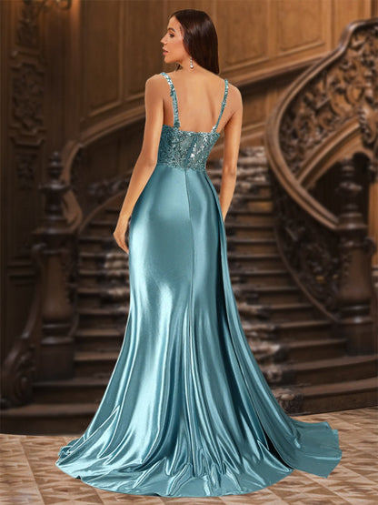 Robe de Soirée Longue Froncée à Bretelles Spaghetti Trompette/Sirène avec Fente Sur Le Côté et Appliques