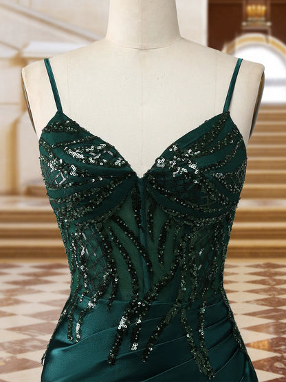 Robe de Soirée Longue Scintillante à Bretelles Spaghetti Style Sirène Ou Trompette avec Fente Latérale et Applications