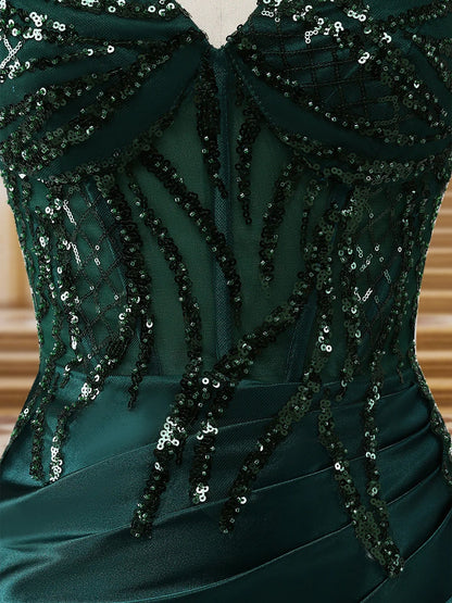 Robe de Soirée Longue Scintillante à Bretelles Spaghetti Style Sirène Ou Trompette avec Fente Latérale et Applications
