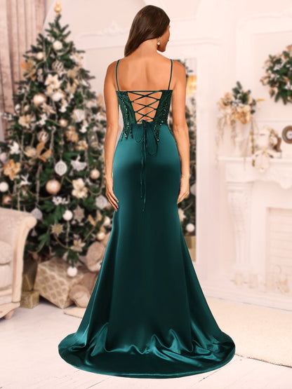 Robe de Noël Longue Scintillante à Bretelles Spaghetti Style Sirène/Trompette avec Fente Latérale et Applications