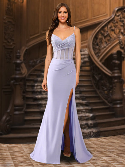Robe de Bal Longue En Satin Plissé à Bretelles Spaghetti Trompette/Sirène avec Fente Latérale et Strass