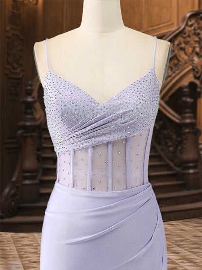 Robe de Bal Longue En Satin Plissé à Bretelles Spaghetti Trompette/Sirène avec Fente Latérale et Strass