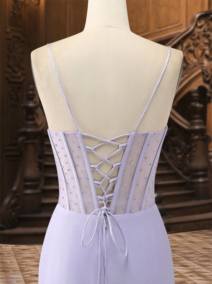 Robe de Bal Longue En Satin Plissé à Bretelles Spaghetti Trompette/Sirène avec Fente Latérale et Strass