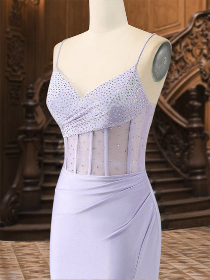 Robe de Bal Longue En Satin Plissé à Bretelles Spaghetti Trompette/Sirène avec Fente Latérale et Strass