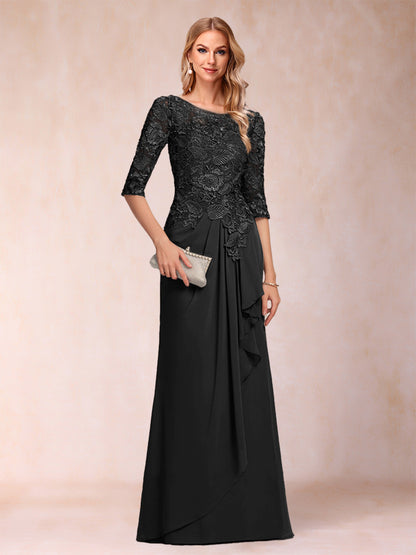 Robe de Mère de la Mariée En Mousseline de Soie à Manches 3/4 et Coupe Princesse avec Volants et Appliques