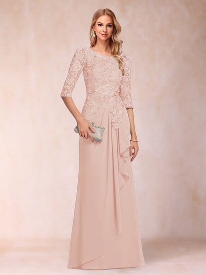 Robe de Mère de la Mariée En Mousseline de Soie à Manches 3/4 et Coupe Princesse avec Volants et Appliques