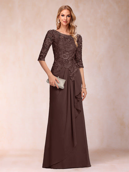 Robe de Mère de la Mariée En Mousseline de Soie à Manches 3/4 et Coupe Princesse avec Volants et Appliques