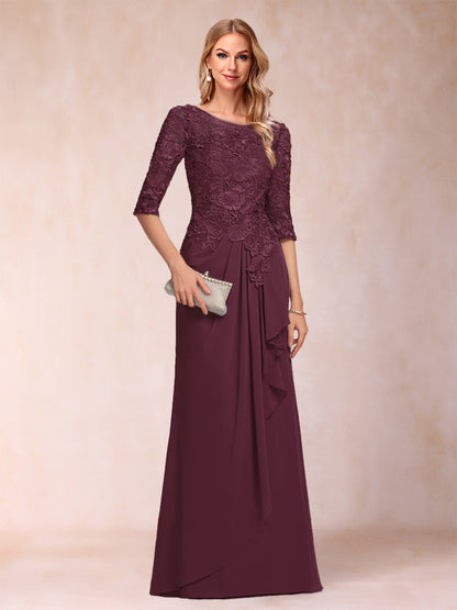 Robe de Mère de la Mariée En Mousseline de Soie à Manches 3/4 et Coupe Princesse avec Volants et Appliques