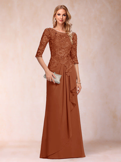 Robe de Mère de la Mariée En Mousseline de Soie à Manches 3/4 et Coupe Princesse avec Volants et Appliques