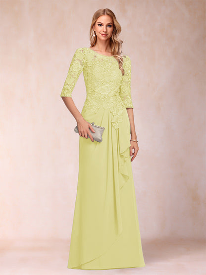 Robe de Mère de la Mariée En Mousseline de Soie à Manches 3/4 et Coupe Princesse avec Volants et Appliques