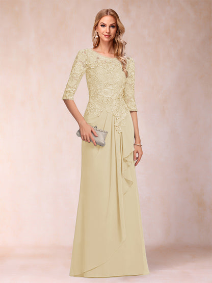 Robe de Mère de la Mariée En Mousseline de Soie à Manches 3/4 et Coupe Princesse avec Volants et Appliques