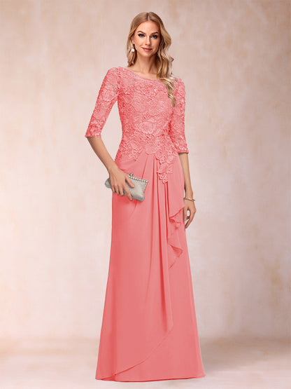 Robe de Mère de la Mariée En Mousseline de Soie à Manches 3/4 et Coupe Princesse avec Volants et Appliques